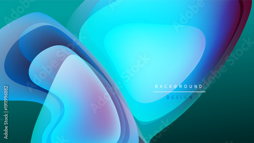 Abstract fluid shapes, vibrant blues, teal, purple hues. Modern design, smooth gradients, dark background creates depth.