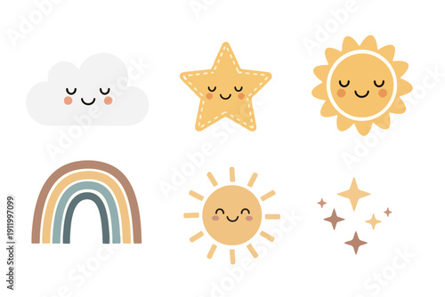 Whimsical celestial sky collection with smiling sun and cloud, cute hand drawn rainbow and stars for nursery decor and kids stickers