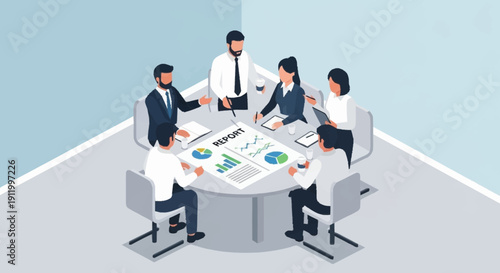 Business professionals collaborating around a table with charts and graphs.