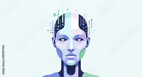 Stylized portrait of a gender-neutral artificial intelligence head with circuits