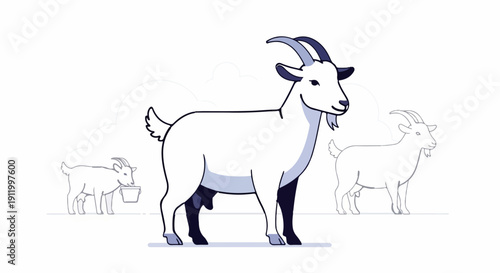 Three goats, one colored, two in outline, in a simple scene