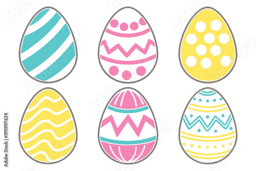 a clean, minimalist digital illustration of six stylized Easter eggs arranged in two rows of three. Each egg features a white background with a grey outline and vibrant pastel-colored patterns.