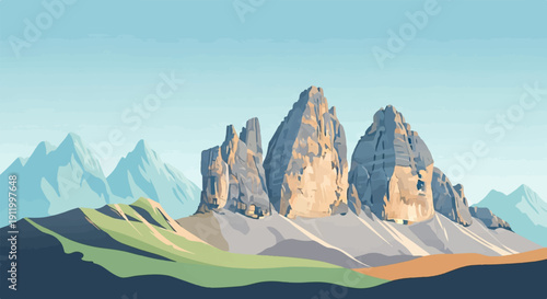 Stylized, jagged mountain peaks rise above rolling, green hills under a clear sky