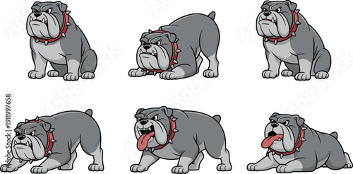 angry bulldog mascot character in various poses including sitting standing and growling with spiked red collar.