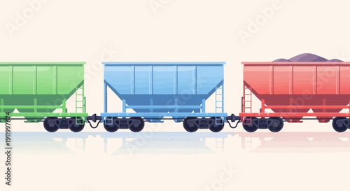 Three pixel art train cargo cars green, blue, and red, with reflections