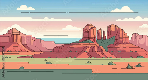 Stylized desert mesas under a pastel sky with scattered clouds
