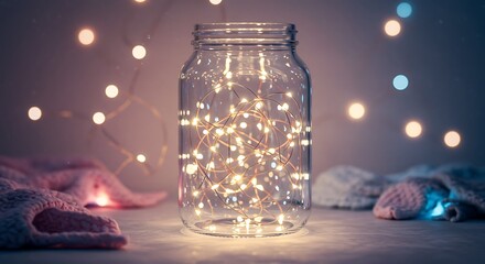 Jar with fairy lights creating cozy and festive atmosphere on blurred background