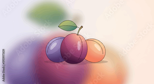 Three plump, colorful plums with a single green leaf and stem