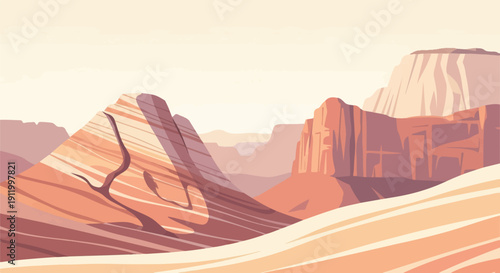 Stylized desert landscape with layered, colored rock formations under a pale sky