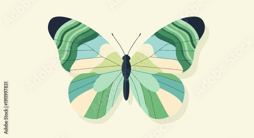 Stylized butterfly with cool-toned wings and dark antennae on a cream background