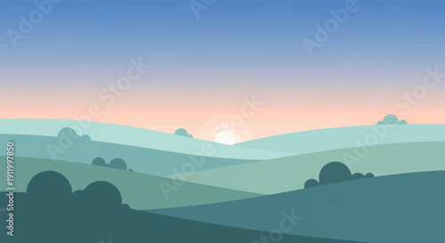 Stylized landscape at sunrise with layered hills and soft sky gradient