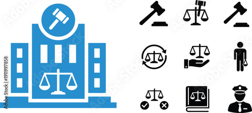Legal Justice Icon Set Vector Court Building With Gavel Scales Lawyer Profile And Judicial System Law Enforcement Symbols