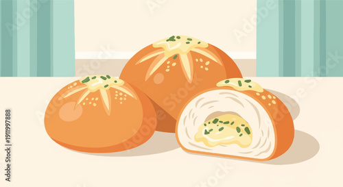 Three golden-brown rolls, one sliced to reveal a creamy filling and herbs