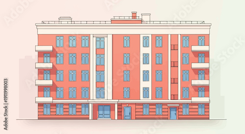 Stylized depiction of a salmon-pink apartment building with light blue windows and balconies