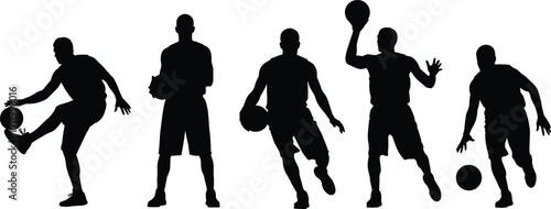 Black vector silhouette set of basketball players featuring various active poses like dribbling shooting and passing for athletic sports competition team branding and fitness