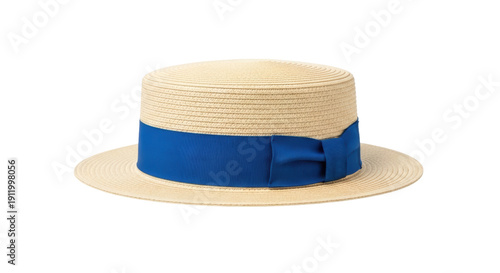 Foto Boater hat with blue ribbon isolated PNG, classic summer straw hat for men and w