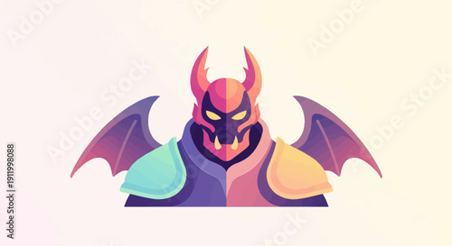 Stylized demonic warrior with bat-like wings and horned helmet