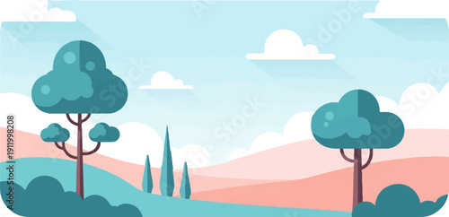 Stylized landscape with trees, rolling hills, and clouds