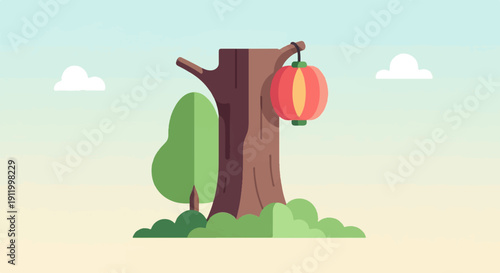 Stylized tree with red lantern and fluffy clouds in a gradient sky