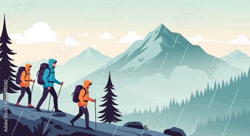 Three hikers trek through a misty mountain landscape during a rain shower