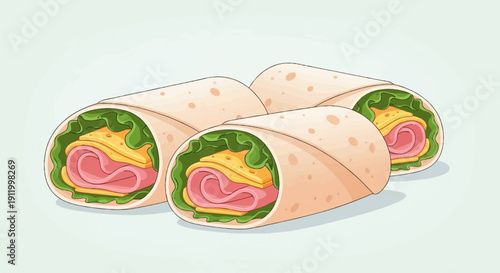 Three rolled sandwiches filled with ham, cheese, and lettuce on a plain background