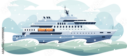 Stylized large boat navigates choppy, snow-filled seas under cloudy skies