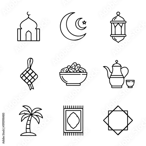 Black and White Clean Minimal Islamic Icon Pack Vector Illustration Set
