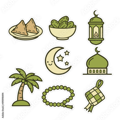 Cute Marketable Sticker Style Ramadan Icons with Adorable Islamic Elements Vector Set