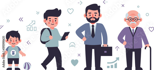 Life Cycle of a Man Vector Set Showing Aging Process from Young Child and Student to Adult Businessman and Senior Elderly Man