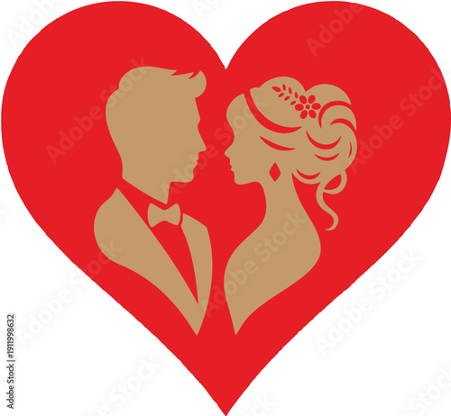Romantic Couple Silhouette Inside Red Heart – Valentine Love Vector Illustration