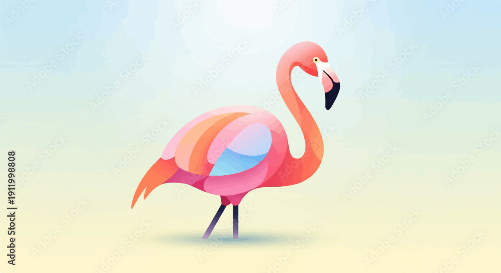 Fototapeta premium Stylized coral pink flamingo stands in shallow water against a soft gradient sky