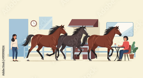 Three horses gallop past two women in a surreal interior setting