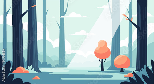 Stylized, cool-toned forest with soft orange trees bathed in light