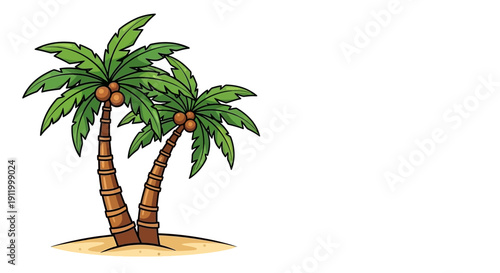 Two cartoon palm trees with coconuts stand on a sandy island under a clear sky.