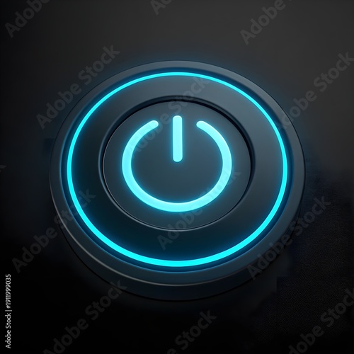 Neon Blue Power Button Icon Dark Mode Interface Futuristic Technology Design