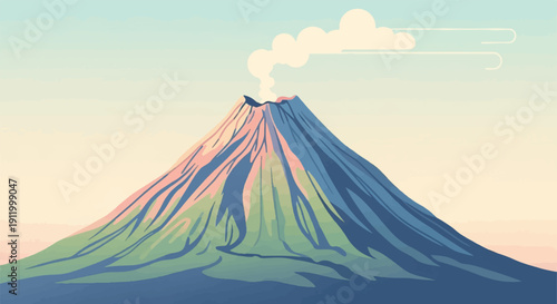 Stylized conical mountain peak with plume of smoke against a pale sky