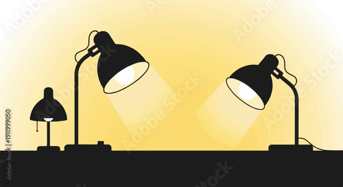 Three illuminated desk lamps cast bright beams on a warm yellow background
