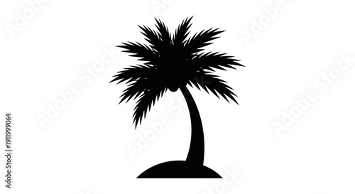 A silhouette of a palm tree with a curved trunk standing on a small island.