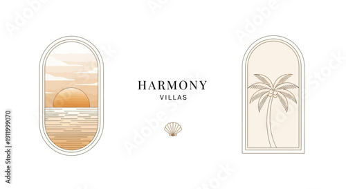 Elegant logo design featuring a serene sunset over water and a solitary palm tree, symbolizing tranquility and tropical luxury.
