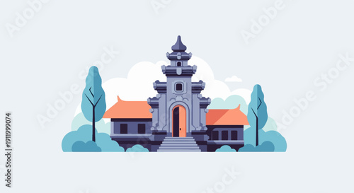 Stylized temple entrance with orange roofs and lush foliage