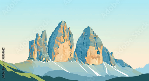 Stylized, colorful mountain peaks bathed in warm light under a soft sky