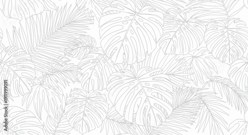 A delicate line drawing of various tropical palm leaves on a white background.