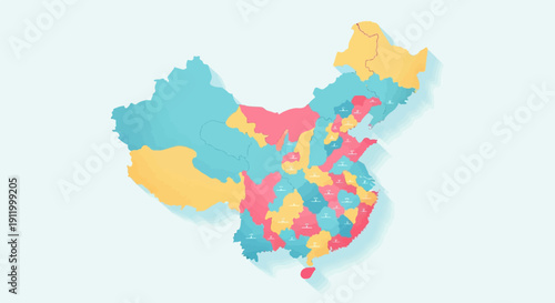 Stylized map of China with regions color-coded and marked