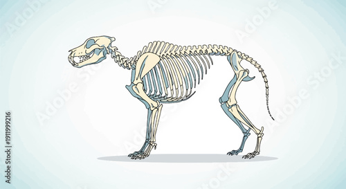 Stylized illustration of a complete canine skeleton in profile against a gradient background