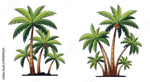 Two Tropical Palm Tree Clusters with Coconuts in Flat Design Style
