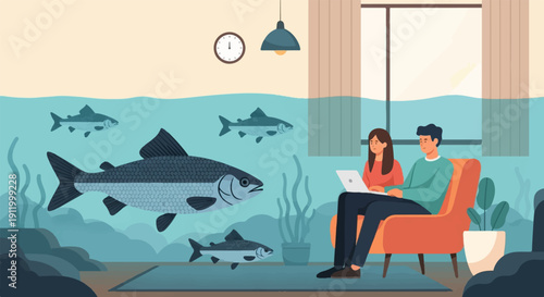 Surreal living room with a flooded aquarium and a couple on a sofa