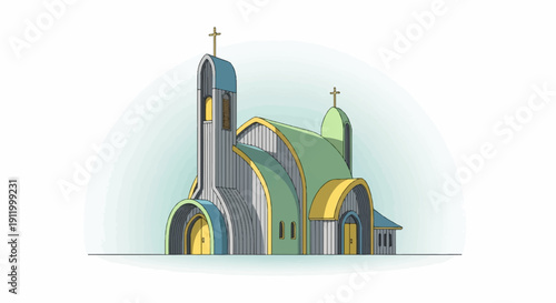 Stylized, colorful church with distinct architectural features and arched entrances