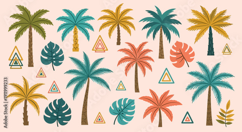 Vibrant Tropical Palm Trees and Leaves with Geometric Shapes - Vector Illustration