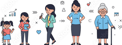 Life Cycle of a Woman Flat Vector Illustration Showing Aging Stages From Young Girl and Student to Career Professional and Elderly Senior for Healthcare and Retirement Planning