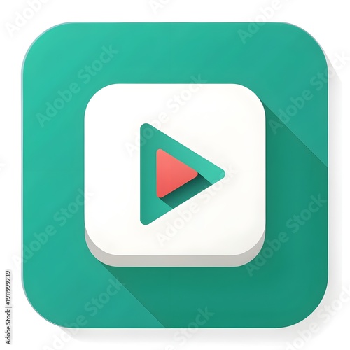 Teal Play Video Button Icon with Long Shadow, Modern Media App UI Element